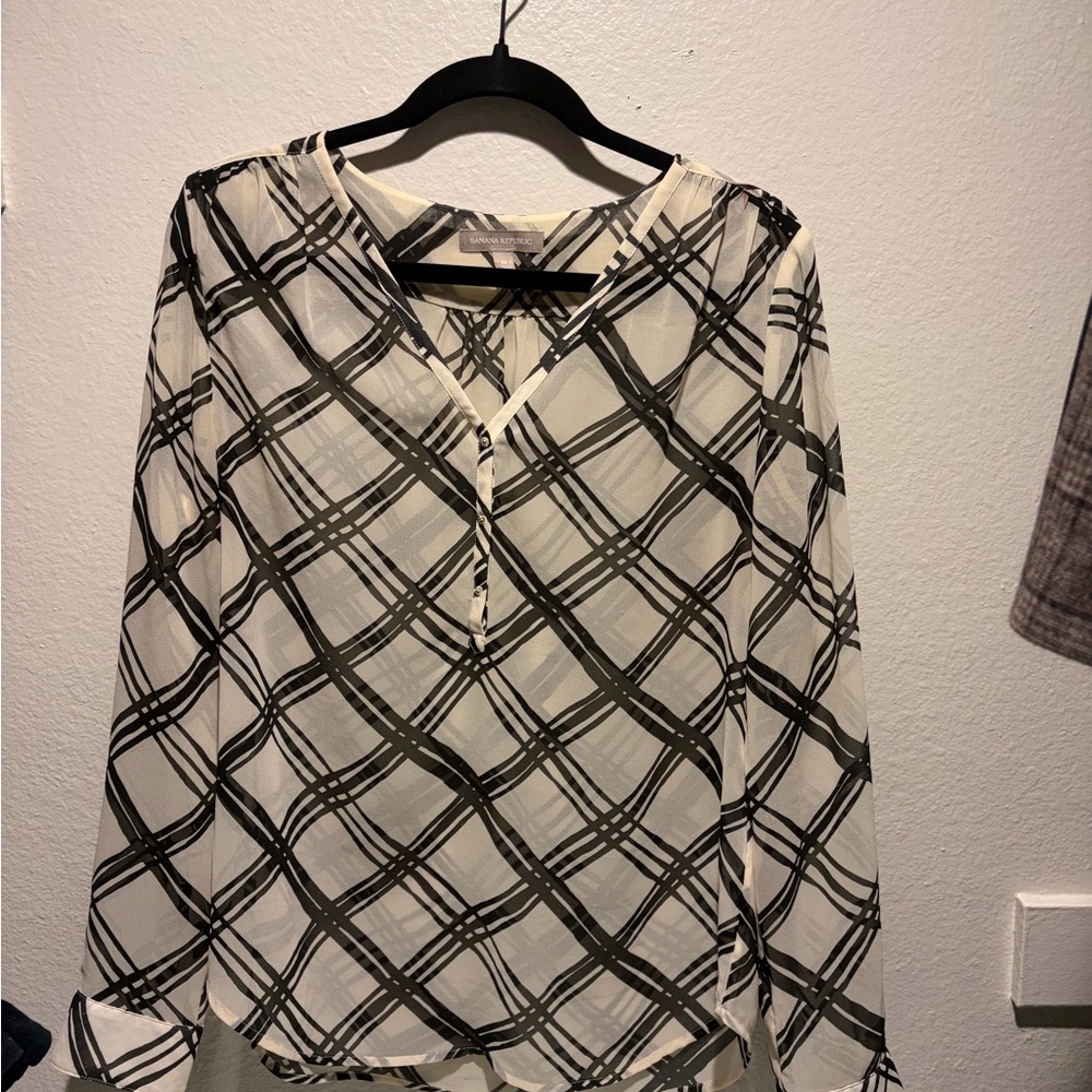 Banana Republic Black and Cream Plaid Blouse